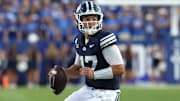 Aug 30, 2025; Provo, Utah, USA; Brigham Young Cougars quarterback Bear Bachmeier (47) looks to pass against the Portland State Vikings during the second quarter at LaVell Edwards Stadium. Mandatory Credit: Rob Gray-Imagn Images