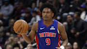 Dec 6, 2025; Detroit, Michigan, USA;  Detroit Pistons guard Ausar Thompson (9) dribbles in the second half against the Milwaukee Bucks at Little Caesars Arena. Mandatory Credit: Rick Osentoski-Imagn Images