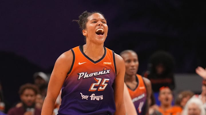 Sep 19, 2025; Phoenix, Arizona, USA; Phoenix Mercury forward Alyssa Thomas (25) celebrates against the New York Liberty during the second half of game three of round one for the 2025 WNBA Playoffs at PHX Arena. Mandatory Credit: Joe Camporeale-Imagn Images