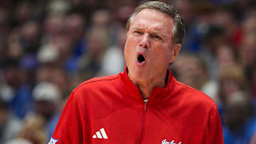 Nov 3, 2025; Lawrence, Kansas, USA; Kansas Jayhawks head coach Bill Self reacts during the first half against the Green Bay Phoenix at Allen Fieldhouse. Mandatory Credit: Jay Biggerstaff-Imagn Images
