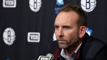 Nov 9, 2022; Brooklyn, New York, USA; Brooklyn Nets general manager Sean Marks speaks during a press conference before a game against the New York Knicks at Barclays Center. Mandatory Credit: Brad Penner-Imagn Images