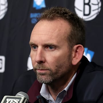 Nov 9, 2022; Brooklyn, New York, USA; Brooklyn Nets general manager Sean Marks speaks during a press conference before a game against the New York Knicks at Barclays Center. Mandatory Credit: Brad Penner-Imagn Images
