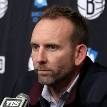 Nov 9, 2022; Brooklyn, New York, USA; Brooklyn Nets general manager Sean Marks speaks during a press conference before a game against the New York Knicks at Barclays Center. Mandatory Credit: Brad Penner-USA TODAY Sports