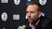 Nov 9, 2022; Brooklyn, New York, USA; Brooklyn Nets general manager Sean Marks speaks during a press conference before a game against the New York Knicks at Barclays Center. Mandatory Credit: Brad Penner-Imagn Images