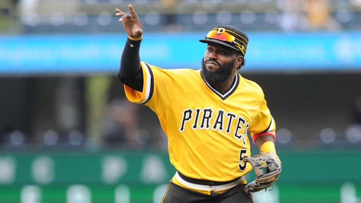 Sep 23, 2018; Pittsburgh, PA, USA; Pittsburgh Pirates second baseman Josh Harrison (5) acknowledges the crowd in the seventh inning against the Milwaukee Brewers at PNC Park. Mandatory Credit: Philip G. Pavely-Imagn Images