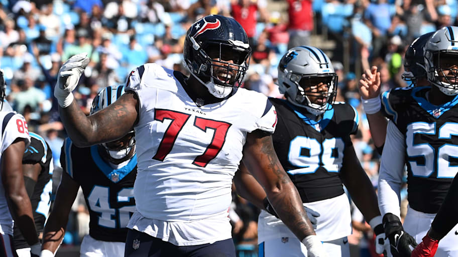 Former Houston Texans offensive tackle George Fant (77). | Bob Donnan-Imagn Images