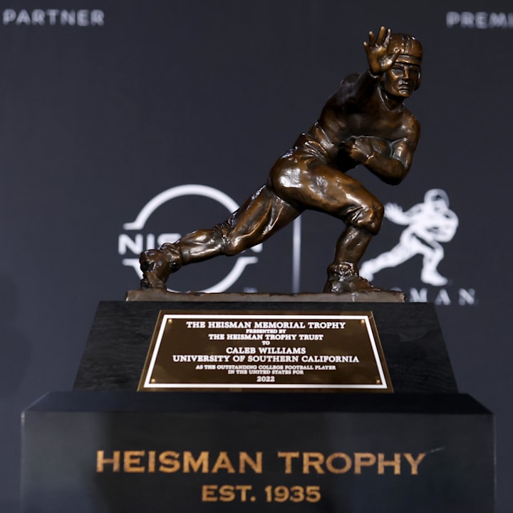 Detail view of the Heisman Trophy won by Southern California quarterback Caleb Williams 