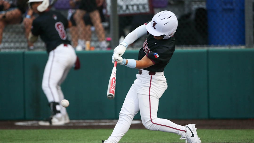 London’s RJ Olivares bats during the Class 3A division I UIL State Semifinal game on Thursday, May 29, 2025, at Gardner Boggs Field in Austin, Texas.