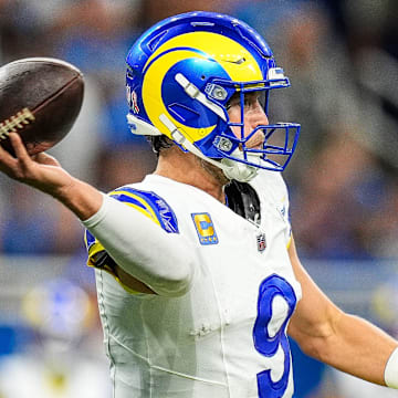 Los Angeles Rams quarterback Matthew Stafford (9) makes a pass against Detroit Lions during the first half at Ford Field in Detroit on Sunday, September 8, 2024.