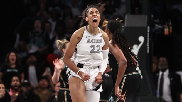  Las Vegas Aces center A'ja Wilson reacts during Game 2.