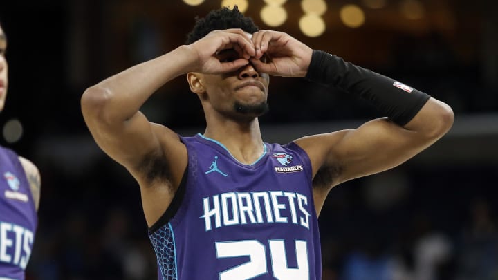 Mar 12, 2024; Memphis, Tennessee, USA; Charlotte Hornets forward Brandon Miller (24) reacts after an assist during the second half against the Memphis Grizzlies at FedExForum. Mandatory Credit: Petre Thomas-USA TODAY Sports