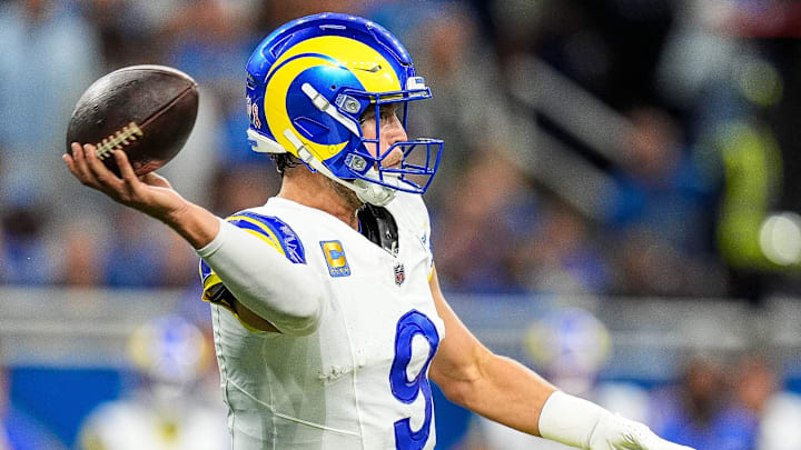 Los Angeles Rams quarterback Matthew Stafford (9) makes a pass against Detroit Lions during the first half at Ford Field in Detroit on Sunday, September 8, 2024.