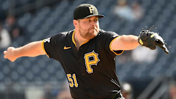 Sep 7, 2024; Pittsburgh, Pennsylvania, USA;  Pittsburgh Pirates pitcher David Bednar (51) throws to the Washington Nationals at PNC Park. Mandatory Credit: Philip G. Pavely-Imagn Images