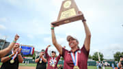Calallen head softball coach Teresa Lentz hoists her third consecutive state championship trophy after the team defeated Andrews 9-2 in the Class 4A Division I UIL State Championship game on May 30, 2025, at Red & Charline McCombs Field in Austin.