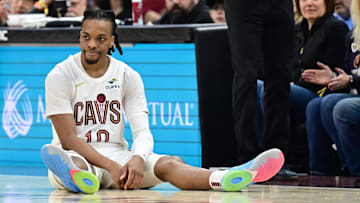 Mar 2, 2025; Cleveland, Ohio, USA; Cleveland Cavaliers guard Darius Garland (10) reacts after a play during the first half against the Portland Trail Blazers at Rocket Arena. Mandatory Credit: Ken Blaze-Imagn Images