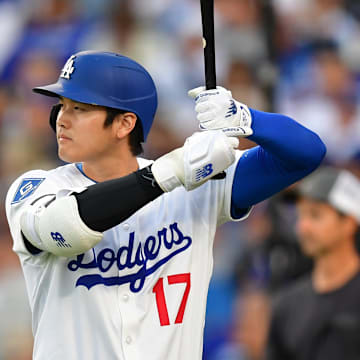 May 19, 2025; Los Angeles, California, USA; Los Angeles Dodgers two-way player Shohei Ohtani (17) before his at bat