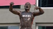 Oct 28, 2024; Miami, Florida, USA;  A general view of the new Dwyane Wade statue in front of the Kaseya Center. Mandatory Credit: Rhona Wise-Imagn Images