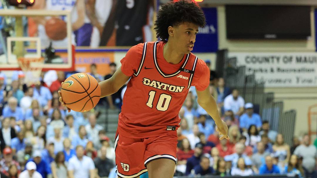 Nov 25, 2024; Lahaina, Hawaii, USA;  Dayton Flyers guard Hamad Mousa (10) makes his way towards the basket against the North Carolina Tar Heels during the first half of an NCAA college basketball game at Lahaina Civic Center.