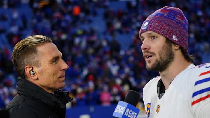 Nov 16, 2025; Orchard Park, New York, USA;  Buffalo Bills quarterback Josh Allen (17) is interviewed after the game against the Tampa Bay Buccaneers at Highmark Stadium. Mandatory Credit: Gregory Fisher-Imagn Images