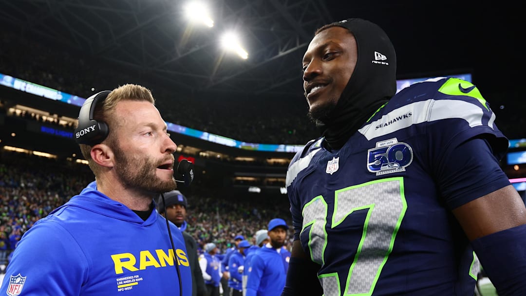 Jan 25, 2026; Seattle, WA, USA; Los Angeles Rams head coach Sean McVay greets Seattle Seahawks cornerback Riq Woolen (27) after the 2026 NFC Championship Game at Lumen Field. Mandatory Credit: Kevin Ng-Imagn Images