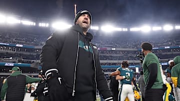 Jan 12, 2025; Philadelphia, Pennsylvania, USA; Philadelphia Eagles head coach Nick Sirianni reacts after the game against the Green Bay Packers in an NFC wild card game at Lincoln Financial Field. Mandatory Credit: Bill Streicher-Imagn Images