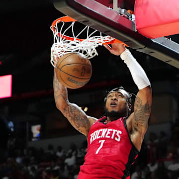 Jul 14, 2024; Las Vegas, NV, USA; Houston Rockets forward Cam Whitmore (7) dunks against the Washington Wizards during the fourth quarter at Thomas & Mack Center. Mandatory Credit: Stephen R. Sylvanie-Imagn Images