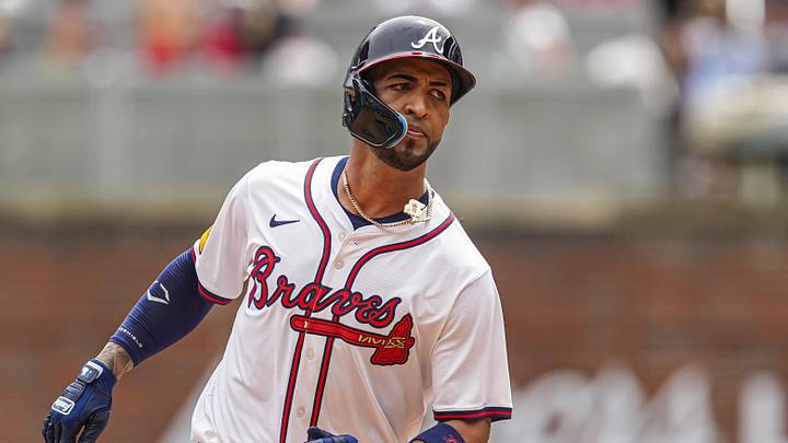 Jul 20, 2024; Cumberland, GA, USA; Atlanta Braves left fielder Eddie Rosario (8) runs after hitting a two run game tying home run against the St. Louis Cardinals during the seventh inning at Truist Park. Mandatory Credit: Dale Zanine-Imagn Images