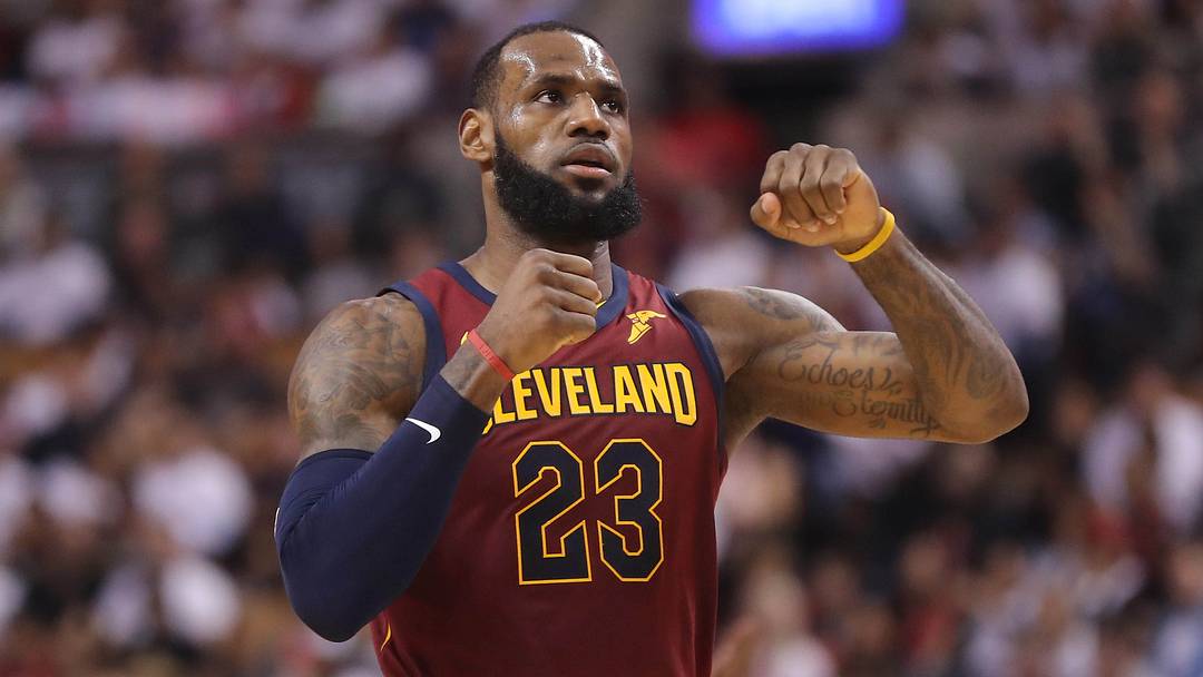 May 3, 2018; Toronto, Ontario, CAN; Cleveland Cavaliers forward LeBron James (23) celebrates after making a basket against the Toronto Raptors in game two of the second round of the 2018 NBA Playoffs at Air Canada Centre. The Cavaliers beat the Raptors 128-110. Mandatory Credit: Tom Szczerbowski-USA TODAY Sports