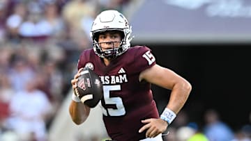 Aug 31, 2024; College Station, Texas, USA; Texas A&M Aggies quarterback Conner Weigman (15) runs the ball during the first half against the Notre Dame Fighting Irish at Kyle Field. Mandatory Credit: Maria Lysaker-Imagn Images