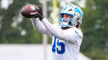 Detroit Lions linebacker Grant Stuard (15) practices during training camp at Meijer Performance Center in Allen Park on Sunday, July 20, 2025.