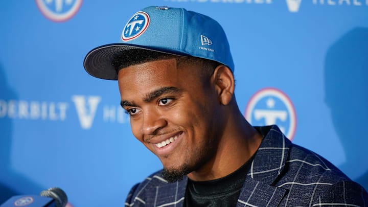 Edge defender Keldric Faulk takes questions at the Titans' practice facility in Nashville, Tenn., Friday, April 24, 2026. He was the Titans second draft pick for 2026.