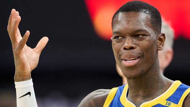 Dec 28, 2024; San Francisco, California, USA; Golden State Warriors guard Dennis Schroder (71) reacts to a referee's call against the during the third quarter against the Phoenix Suns at Chase Center. Mandatory Credit: Robert Edwards-Imagn Images