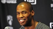 February 23, 2014; Los Angeles, CA, USA; Brooklyn Nets newly signed player Jason Collins speaks to media before playing against the Los Angeles Lakers at Staples Center. Mandatory Credit: Gary A. Vasquez-Imagn Images
