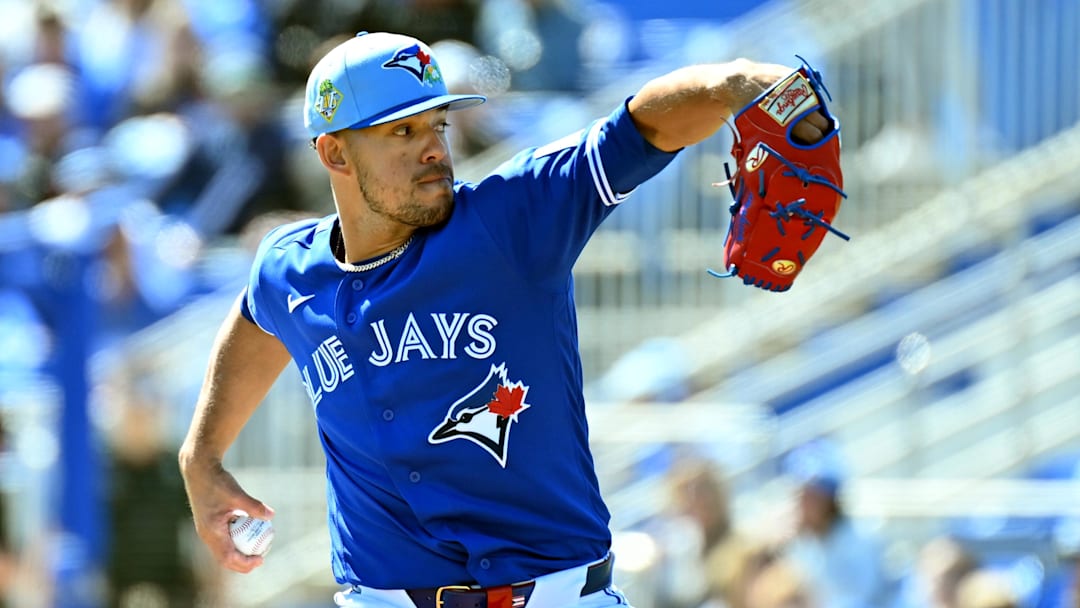 Feb 23, 2026; Dunedin, Florida, USA; Toronto Blue Jays starting  pitcher Jose Berrios (17) throws a pitch in the first inning against the New York Mets at TD Ballpark. 