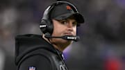 Nov 27, 2025; Baltimore, Maryland, USA;  Cincinnati Bengals head coach Zac Taylor (hc) looks down the sidelines during the game against the Baltimore Ravens at M&T Bank Stadium. Mandatory Credit: Tommy Gilligan-Imagn Images