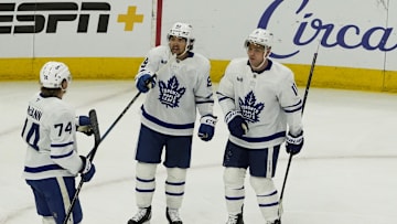 Feb 23, 2025; Chicago, Illinois, USA; Toronto Maple Leafs left wing Nicholas Robertson (89) celebrates a goal against the Chicago Blackhawks during the second period at United Center. Mandatory Credit: David Banks-Imagn Images