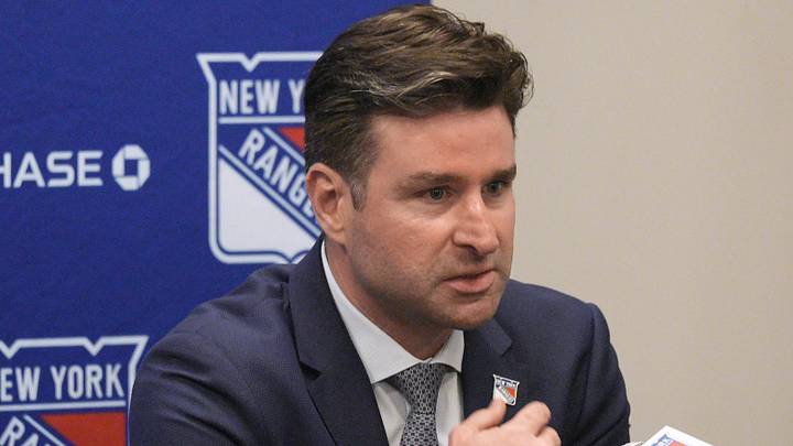 May 8, 2025; Tarrytown, NY, USA; New York Rangers president and general manager Chris Drury speaks during a press conference to introduce new head coach Mike Sullivan at the MSG Training Center in Tarrytown, New York May 8, 2025. Mandatory Credit: Peter Carr/USA TODAY NETWORK via Imagn Images May 8, 2025; Tarrytown, NY, USA; New York Rangers president and general manager Chris Drury speaks during a press conference to introduce new head coach Mike Sullivan at the MSG Training Center in Tarrytown, New York May 8, 2025. Mandatory Credit: Peter Carr/USA TODAY NETWORK via Imagn Images