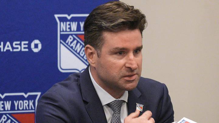 May 8, 2025; Tarrytown, NY, USA; New York Rangers president and general manager Chris Drury speaks during a press conference to introduce new head coach Mike Sullivan at the MSG Training Center in Tarrytown, New York May 8, 2025. May 8, 2025; Tarrytown, NY, USA; New York Rangers president and general manager Chris Drury speaks during a press conference to introduce new head coach Mike Sullivan at the MSG Training Center in Tarrytown, New York May 8, 2025.