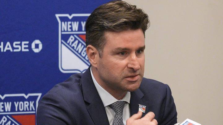 May 8, 2025; Tarrytown, NY, USA; New York Rangers president and general manager Chris Drury speaks during a press conference to introduce new head coach Mike Sullivan at the MSG Training Center in Tarrytown, New York May 8, 2025. Mandatory Credit: Peter Carr/USA TODAY NETWORK via Imagn Images May 8, 2025; Tarrytown, NY, USA; New York Rangers president and general manager Chris Drury speaks during a press conference to introduce new head coach Mike Sullivan at the MSG Training Center in Tarrytown, New York May 8, 2025. Mandatory Credit: Peter Carr/USA TODAY NETWORK via Imagn Images