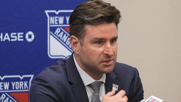 May 8, 2025; Tarrytown, NY, USA; New York Rangers president and general manager Chris Drury speaks during a press conference to introduce new head coach Mike Sullivan at the MSG Training Center in Tarrytown, New York May 8, 2025. May 8, 2025; Tarrytown, NY, USA; New York Rangers president and general manager Chris Drury speaks during a press conference to introduce new head coach Mike Sullivan at the MSG Training Center in Tarrytown, New York May 8, 2025.