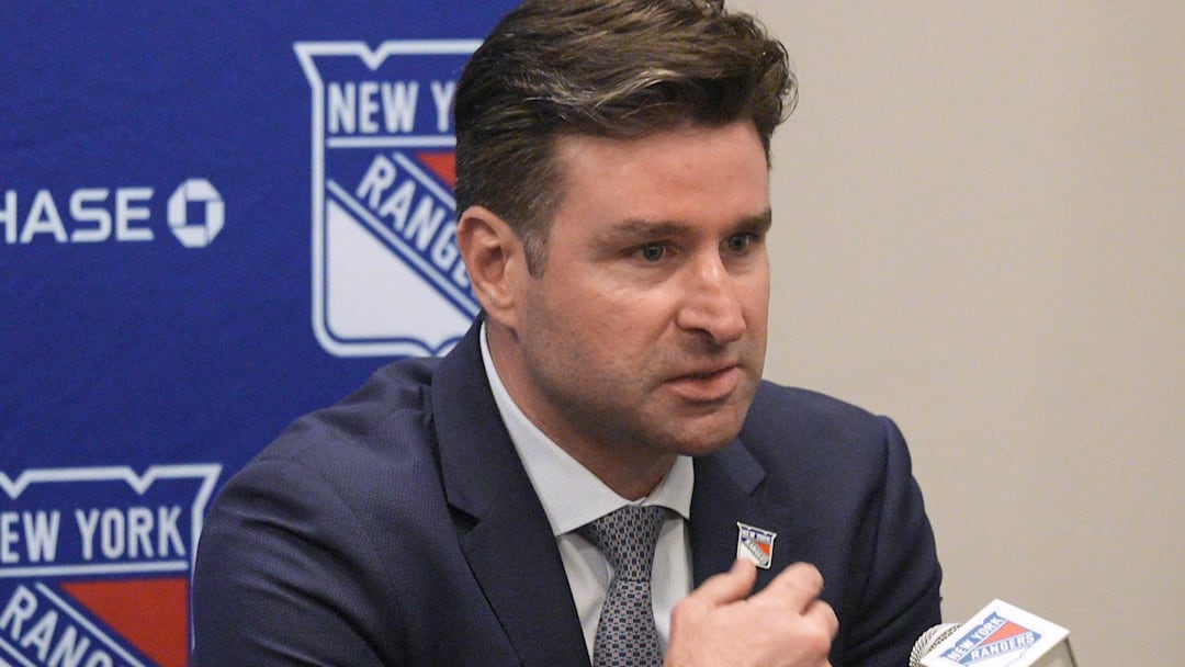 May 8, 2025; Tarrytown, NY, USA;  New York Rangers president and general manager Chris Drury speaks during a press conference to introduce new head coach Mike Sullivan at the MSG Training Center in Tarrytown, New York May 8, 2025. Mandatory Credit: Peter Carr/USA TODAY NETWORK via Imagn Images