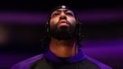 Jan 28, 2025; Philadelphia, Pennsylvania, USA; Los Angeles Lakers forward Anthony Davis stands for the anthem before action against the Philadelphia 76ers at Wells Fargo Center. Mandatory Credit: Bill Streicher-Imagn Images