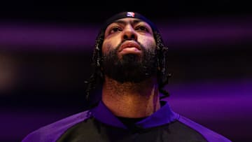 Jan 28, 2025; Philadelphia, Pennsylvania, USA; Los Angeles Lakers forward Anthony Davis stands for the anthem before action against the Philadelphia 76ers at Wells Fargo Center. Mandatory Credit: Bill Streicher-Imagn Images