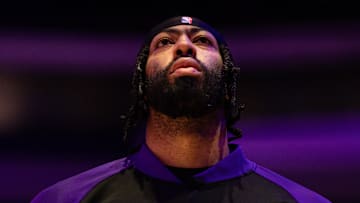 Jan 28, 2025; Philadelphia, Pennsylvania, USA; Los Angeles Lakers forward Anthony Davis stands for the anthem before action against the Philadelphia 76ers at Wells Fargo Center. Mandatory Credit: Bill Streicher-Imagn Images