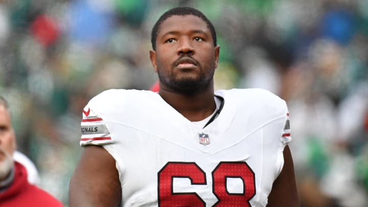 Dec 31, 2023; Philadelphia, Pennsylvania, USA; Arizona Cardinals offensive tackle Kelvin Beachum (68) against the Philadelphia Eagles at Lincoln Financial Field. Mandatory Credit: Eric Hartline-USA TODAY Sports