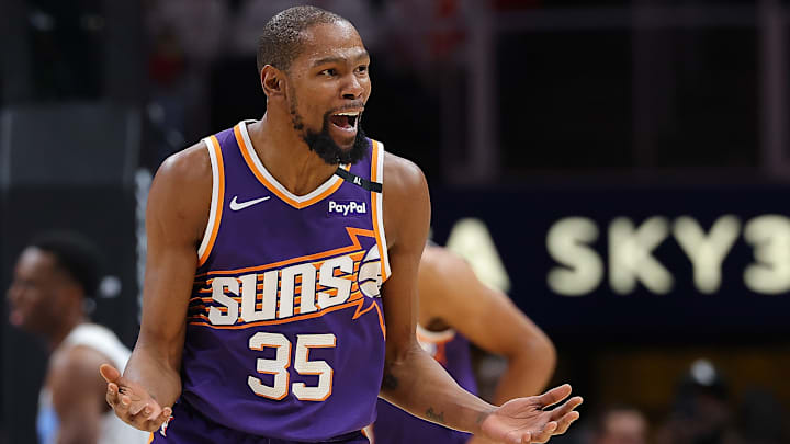 Kevin Durant #35 of the Phoenix Suns reacts against the Atlanta Hawks.