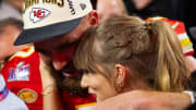 Kansas City Chiefs tight end Travis Kelce (87) celebrates with girlfriend Taylor Swift after defeating the San Francisco 49ers in Super Bowl LVIII at Allegiant Stadium. 