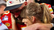 Feb 11, 2024; Paradise, Nevada, USA; Kansas City Chiefs tight end Travis Kelce (87) celebrates with girlfriend Taylor Swift after defeating the San Francisco 49ers in Super Bowl LVIII at Allegiant Stadium. Mandatory Credit: Mark J. Rebilas-USA TODAY Sports
