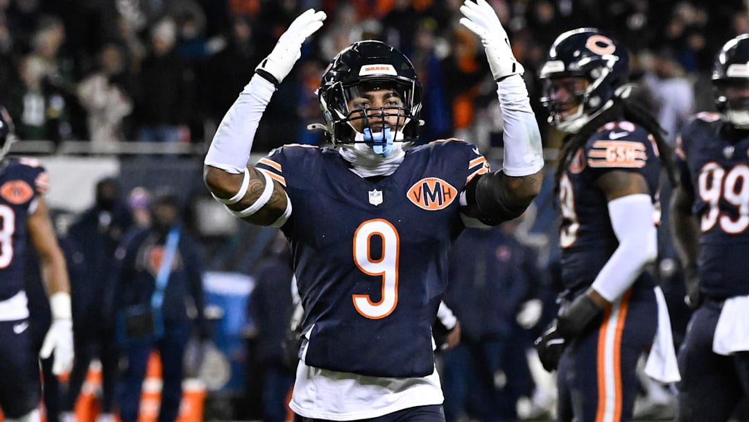 Jan 10, 2026; Chicago, IL, USA; in Chicago Bears safety Jaquan Brisker (9) reacts after a flag against the Green Bay Packers during an NFC Wild Card Round game at Soldier Field. Mandatory Credit: Matt Marton-Imagn Images