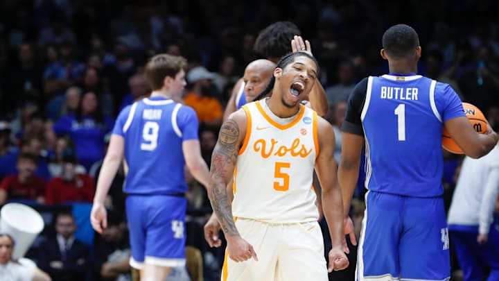 Tennessee Volunteers guard Zakai Zeigler (5) celebrates after scoring Friday, March 28, 2025, during the NCAA Tournament Sweet 16 game against the Kentucky Wildcats at Lucas Oil Stadium in Indianapolis.